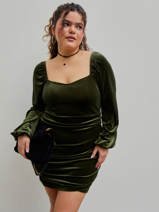 Plus Size Ruched Square Neck Balloon Sleeve Wrap Dress - Giza's Boutique Store