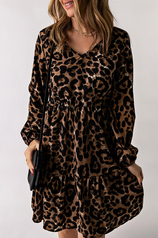 Leopard V-Neck Balloon Sleeve Tiered Dress - Giza's Boutique Store