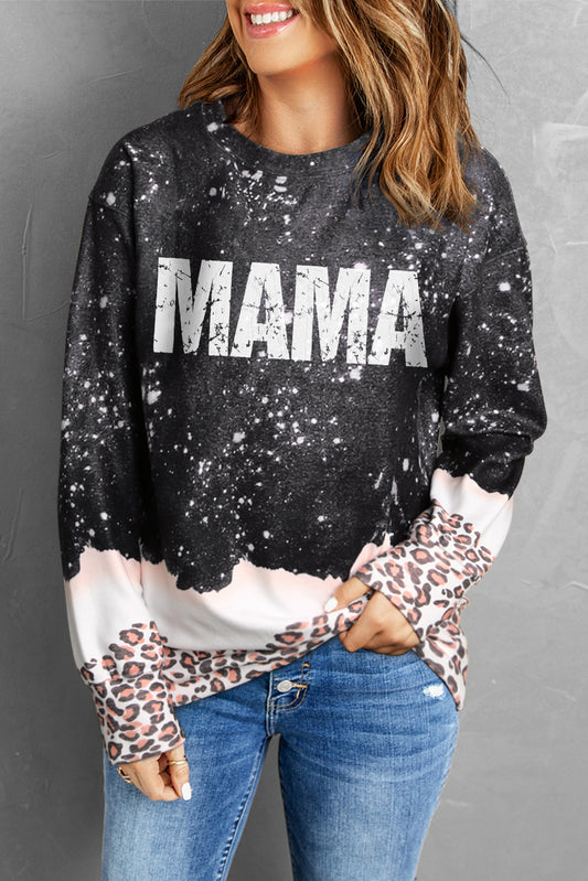 MAMA Leopard Color Block Round Neck Sweatshirt - Giza's Boutique Store