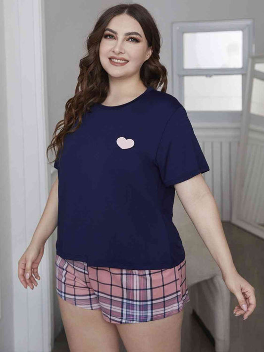 Plus Size Heart Graphic Top and Plaid Shorts Loungewear Set - Giza's Boutique Store