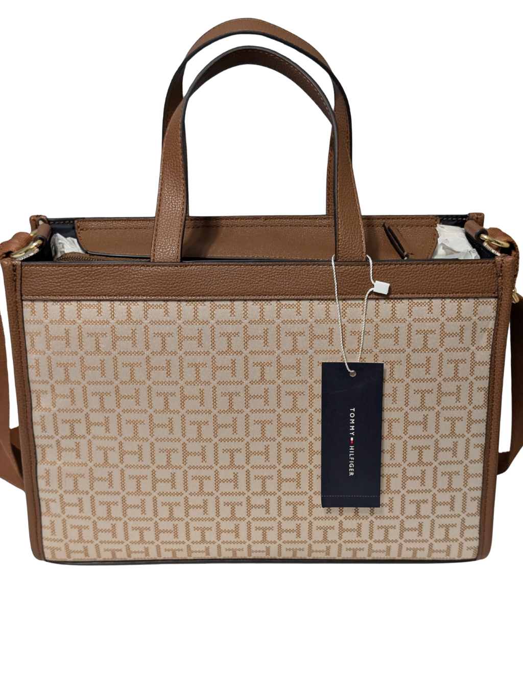 Tommy Hilfiger Bolso Tote Monograma Tan con Franja Tricolor