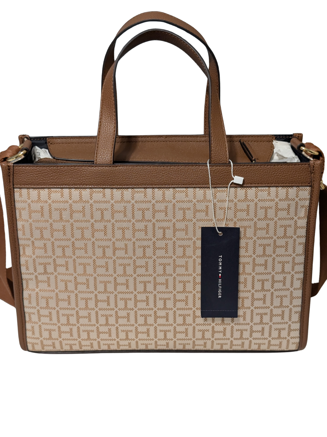 Tommy Hilfiger Bolso Tote Monograma Tan con Franja Tricolor