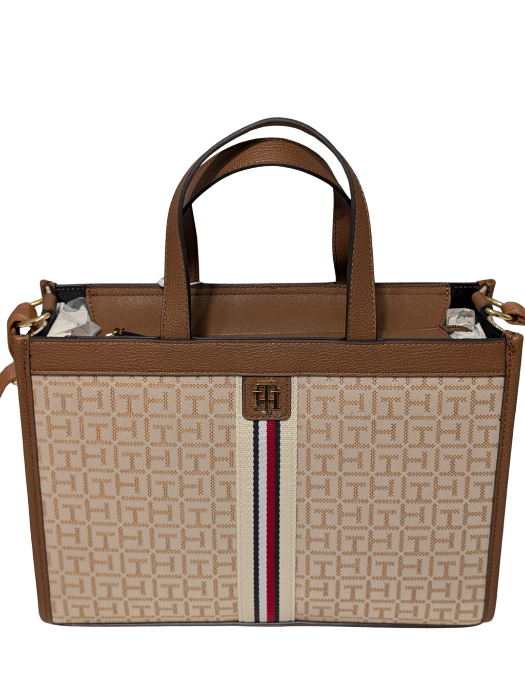 Tommy Hilfiger Bolso Tote Monograma Tan con Franja Tricolor