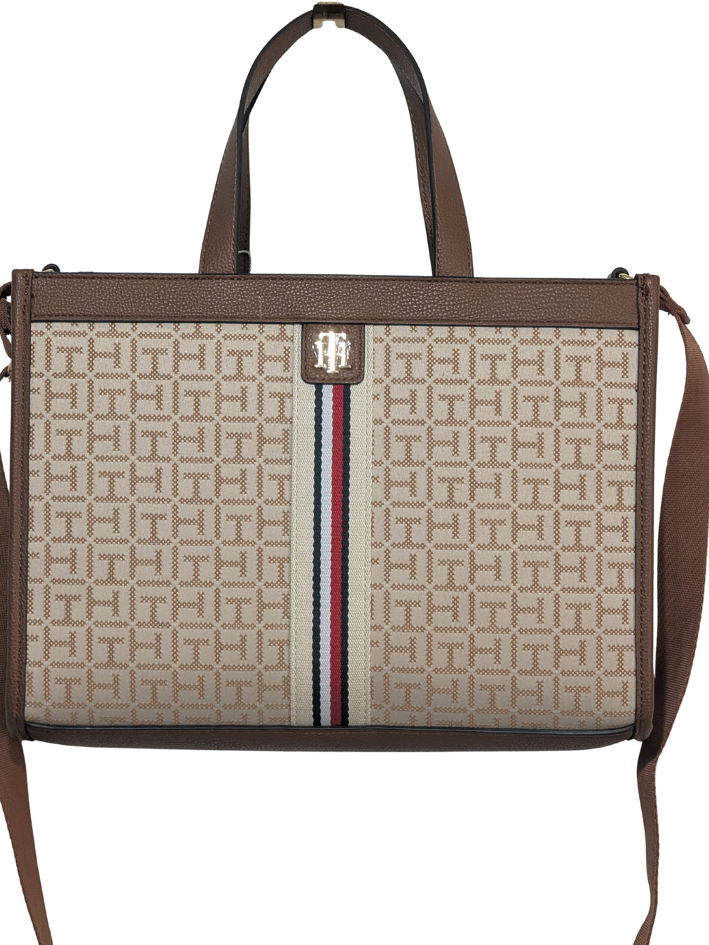 Tommy Hilfiger Bolso Tote Monograma Tan con Franja Tricolor