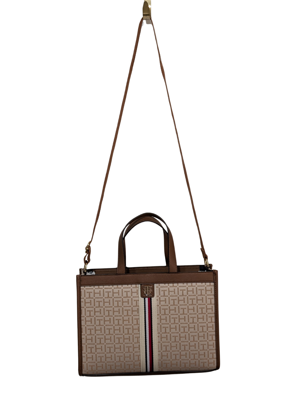 Tommy Hilfiger Bolso Tote Monograma Tan con Franja Tricolor