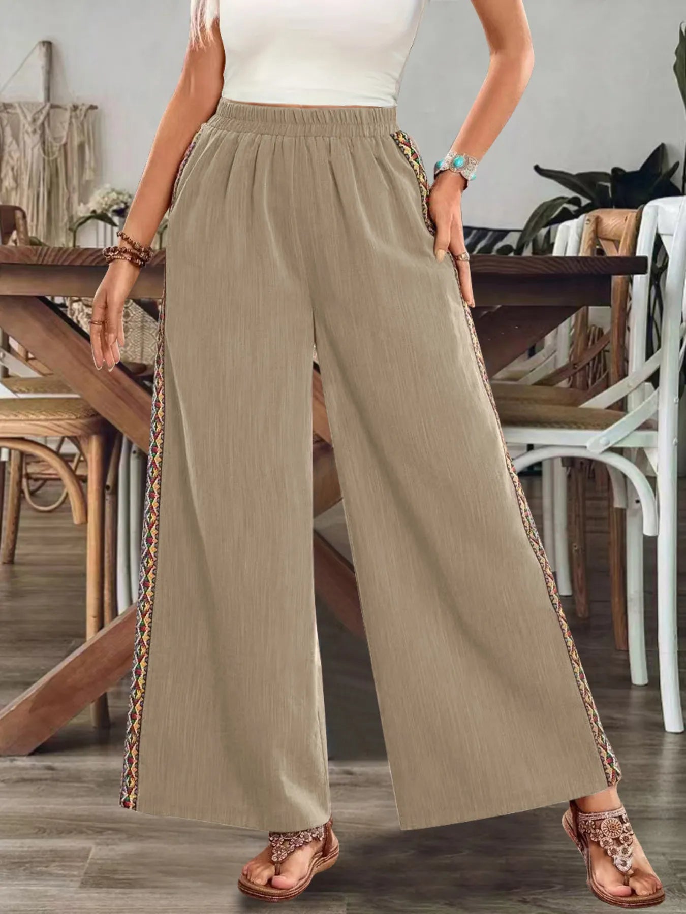 Pantalón Bohemio de Pierna Ancha con Bordado Lateral, vista adicional 7