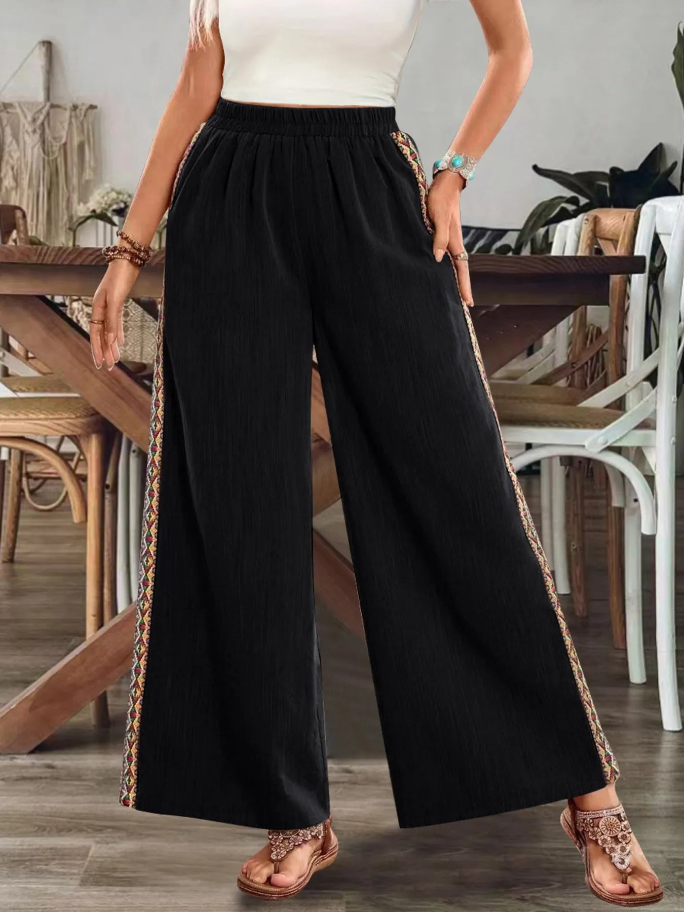 Pantalón Bohemio de Pierna Ancha con Bordado Lateral, vista adicional 10