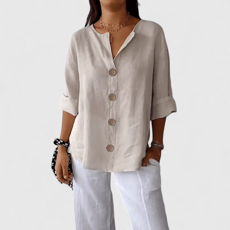 Blusa Cathlyn de Algodón y Lino con Escote en V