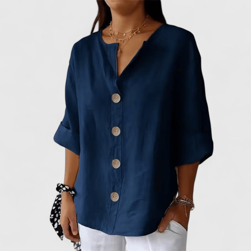 Blusa Cathlyn de Algodón y Lino con Escote en V, vista adicional 3