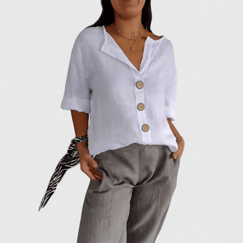 Blusa Cathlyn de Algodón y Lino con Escote en V, vista adicional 4