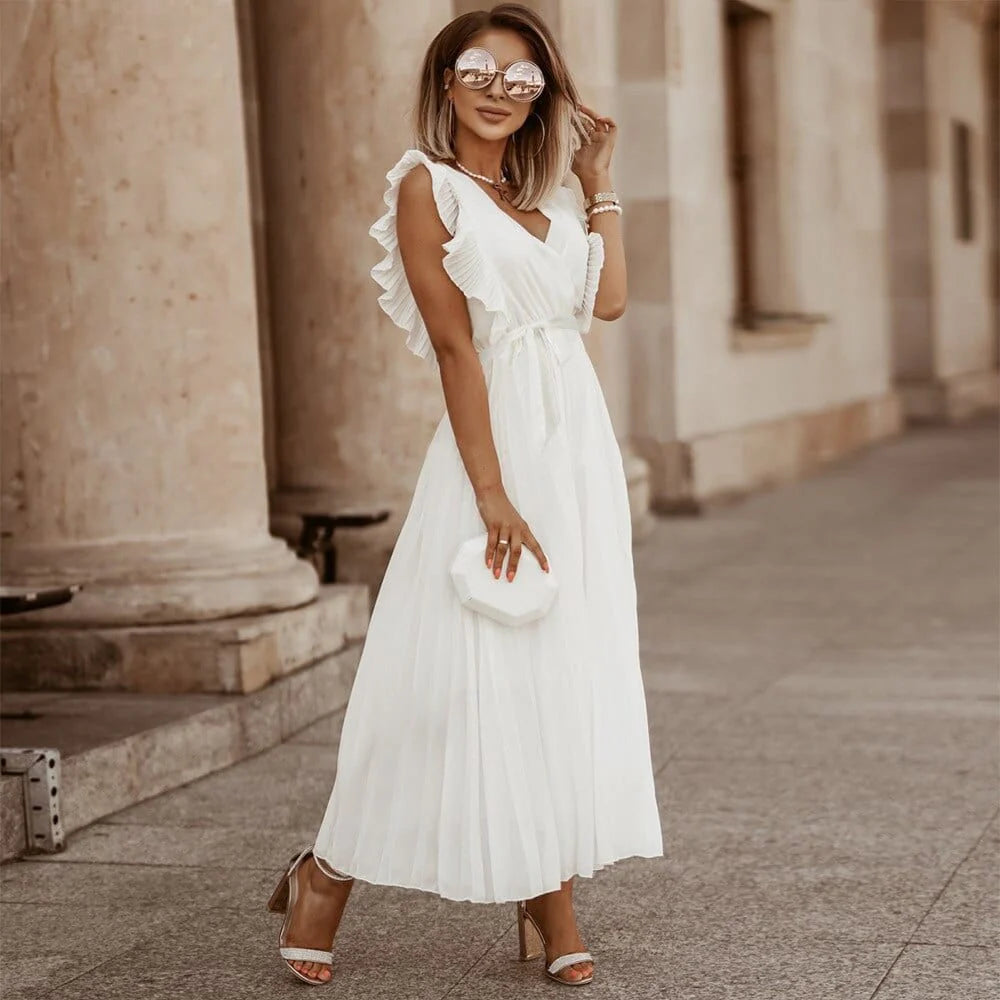 Vestido Midi Amara Marfil con Falda Plisada