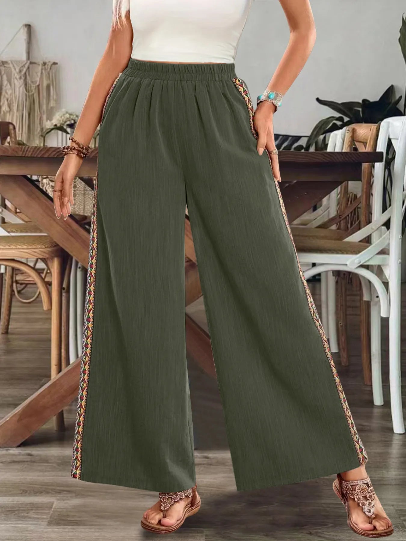 Pantalón Bohemio de Pierna Ancha con Bordado Lateral, vista adicional 4