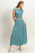 Conjunto Celeste de Top y Falda Maxi