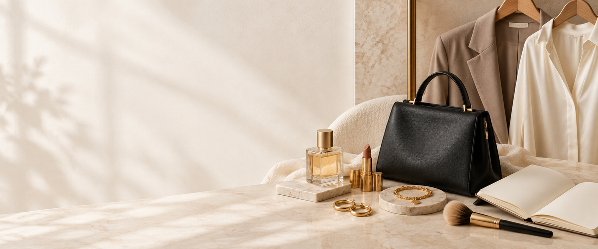Curated fashion and beauty essentials arranged in a warm ivory editorial setting